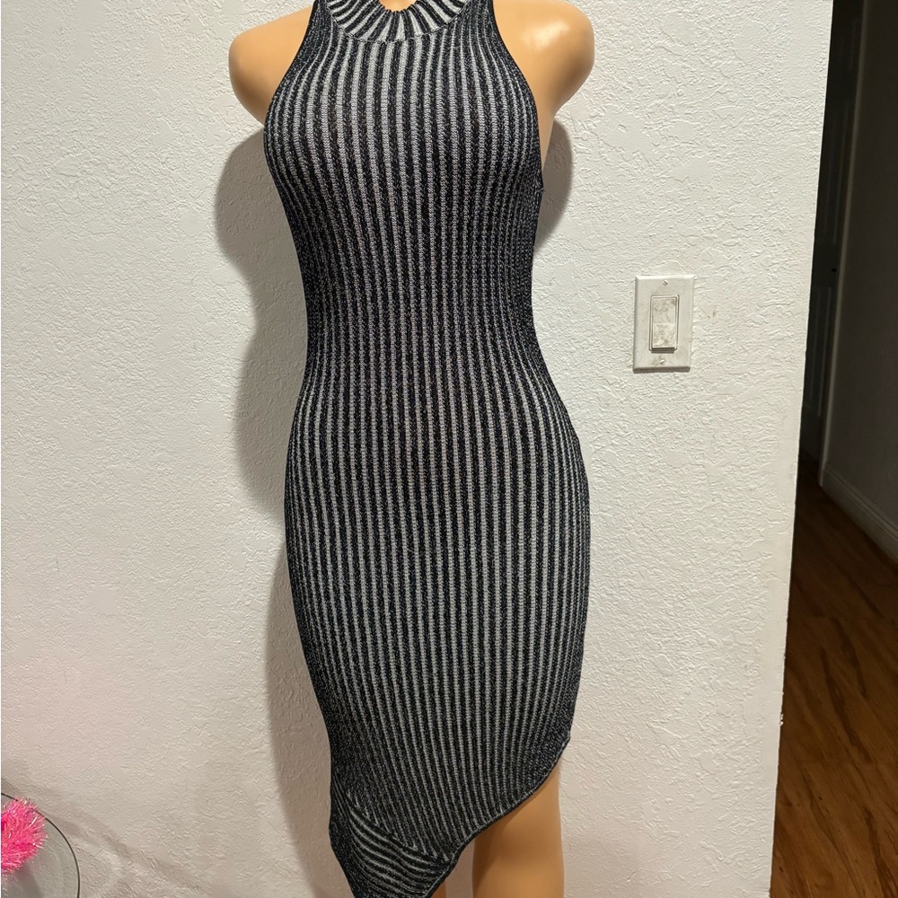 Dion Lee Charcoal and Black Striped Asymmetrical Dress
